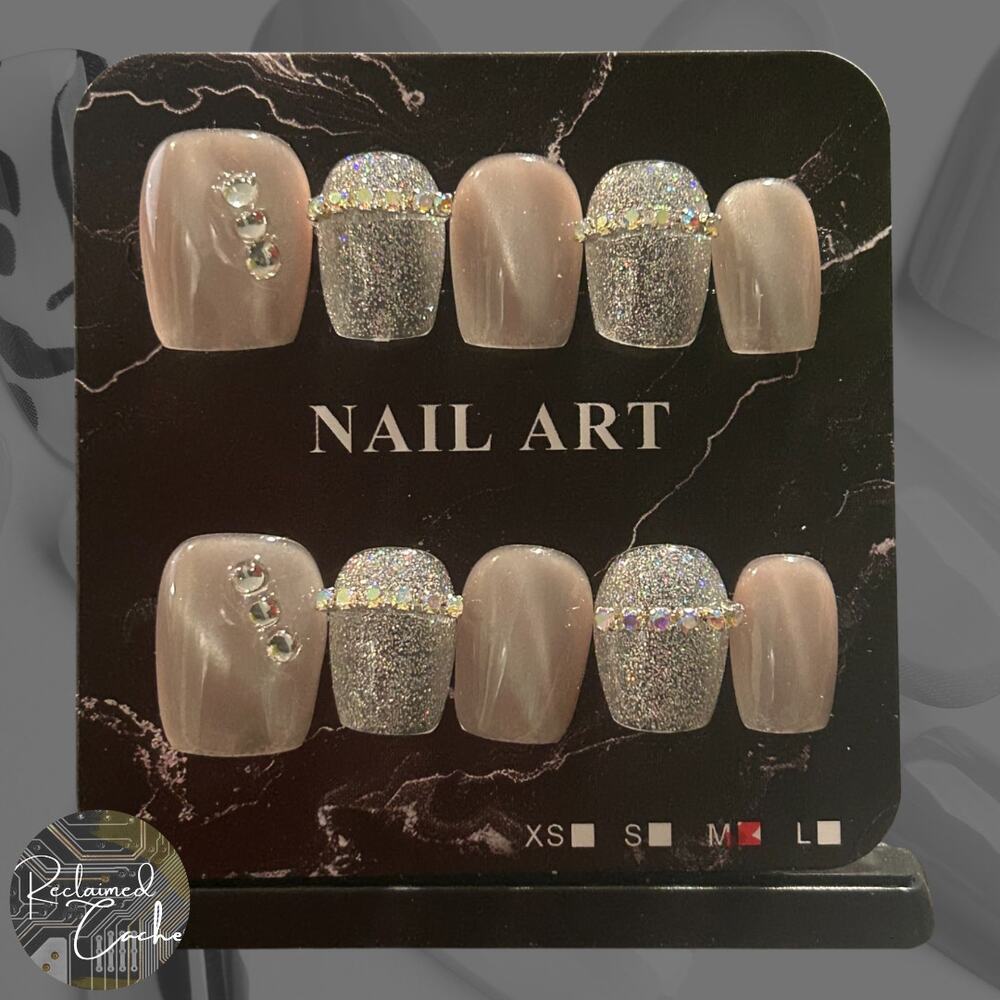 Light Lavender and Silver Short Square Press On Nails  - Size Medium